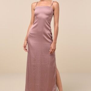 Lulus Prettiest Charm Brown Polka Dot Satin Lace-up Maxi Dress - Size L